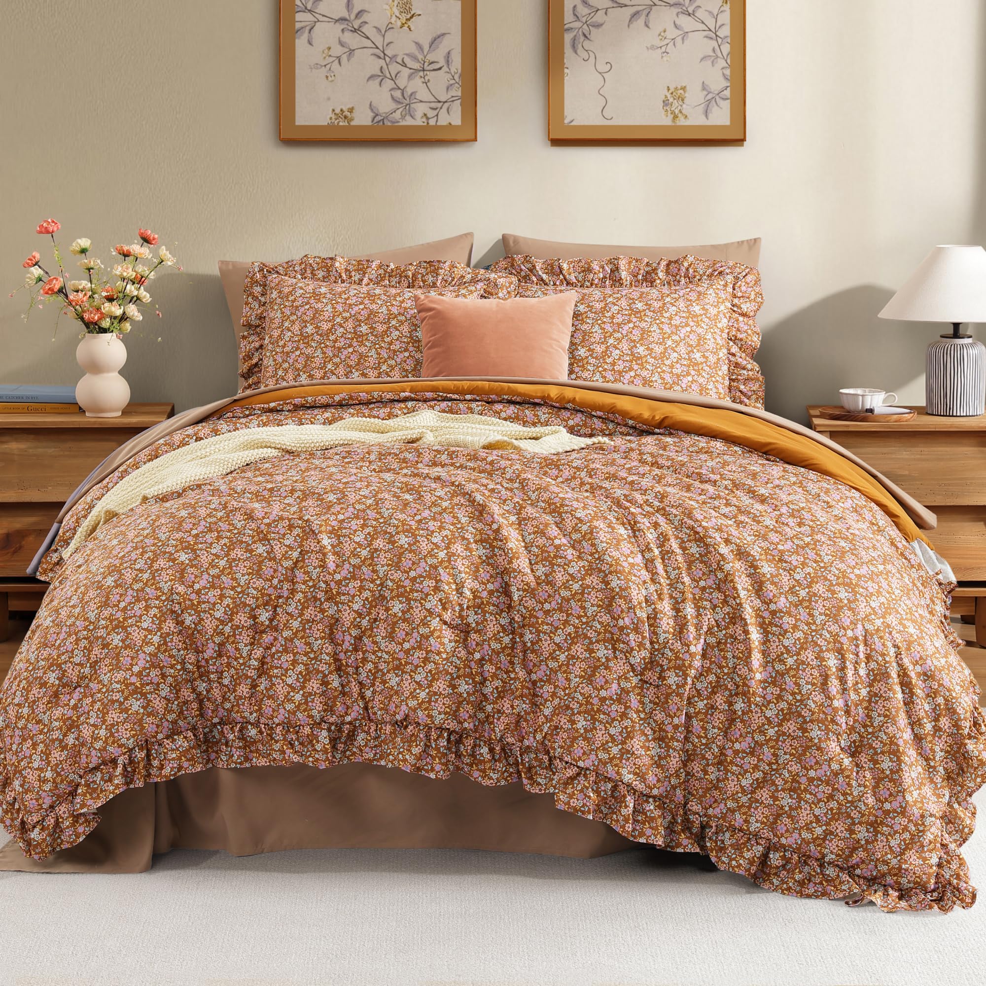 Photo 1 of BLOOMHAVEN King Comforter Set - 7 Pieces Ruffle Brown Bedding Sets, Shabby Chic Farmhouse Bed in a Bag with Ruffle Comforter, Sheets, Pillowcases & Shams