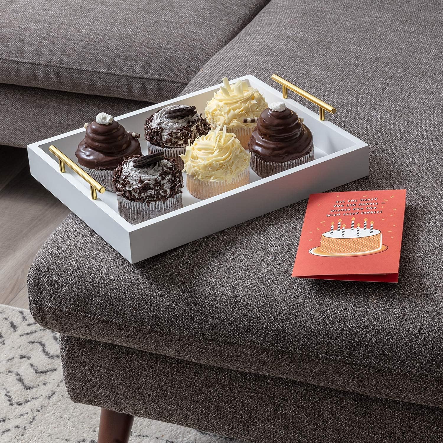 White Serving Tray with Handles in Gold - 2 White Wood Coasters - 15.75''x12.2'' - Wooden Decorative Coffee Table Tray - Matte Finish - Ottoman Tray Decor - Decorative Trays for Coffee Table: Kitchen & Dining