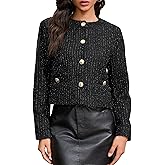 Haianguoji Women's Short Tweed Blazer Casual Fashion Round Neck Sparkly Jacket