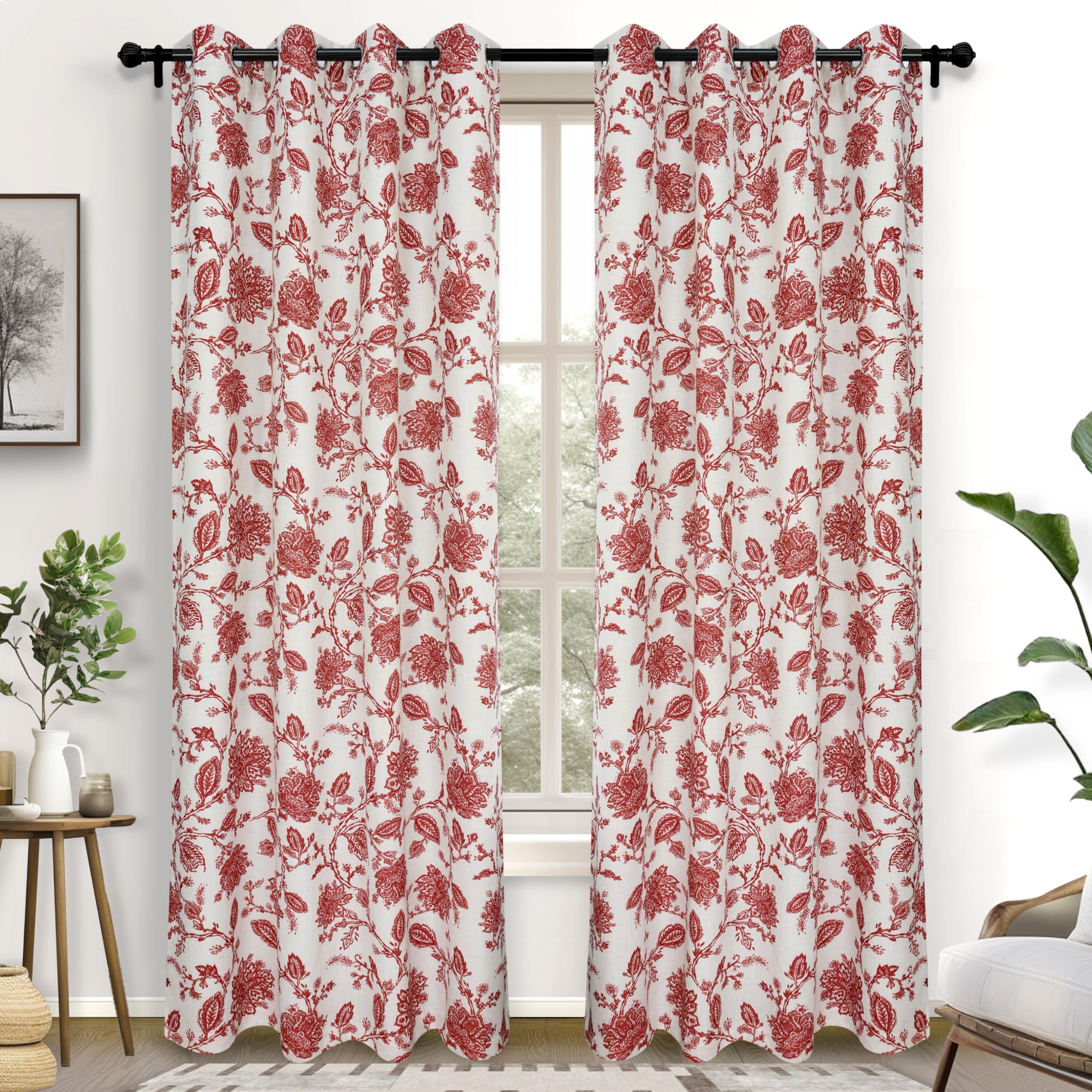Photo 1 of DriftAway Linen Floral Paisley Red Blackout Curtains for Living Room Bedroom 84 Inch Length 2 Panels Lined Grommet Window Drapes Thermal Farmhouse Country Jacobean Curtains