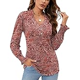 Rapbin Womens V Neck Puff Long Sleeve Button Down Tunic Blouses Fall Tops 2025 Ruffle Cuffs Dressy Casual T-Shirts