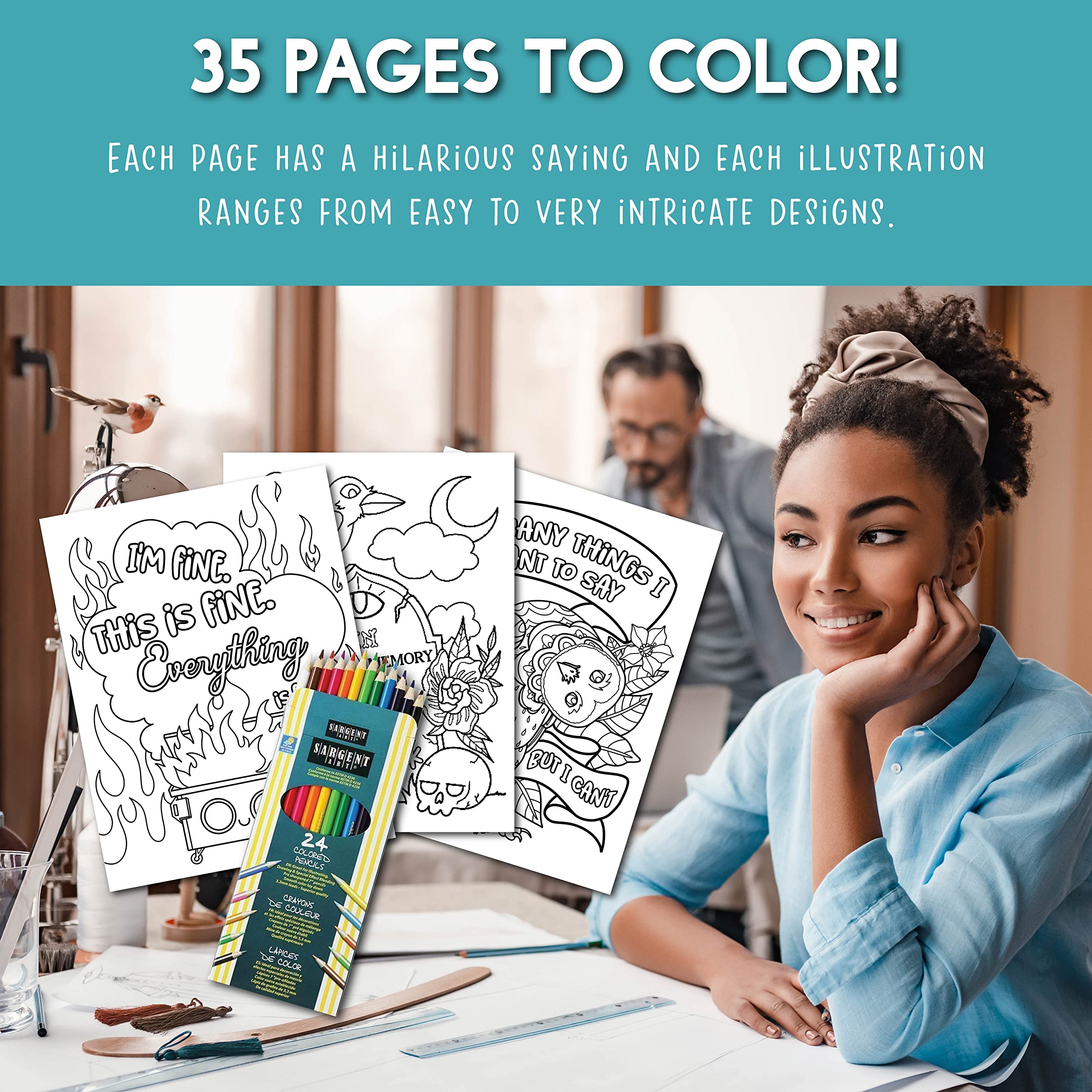 Everything is Fine Dumpster Fire Funny Coloring Books for Adults Gag Gift with 24 Colored Pencils - Art Book, Funny Gifts for Coworkers Care Package Stress Relief Art Set