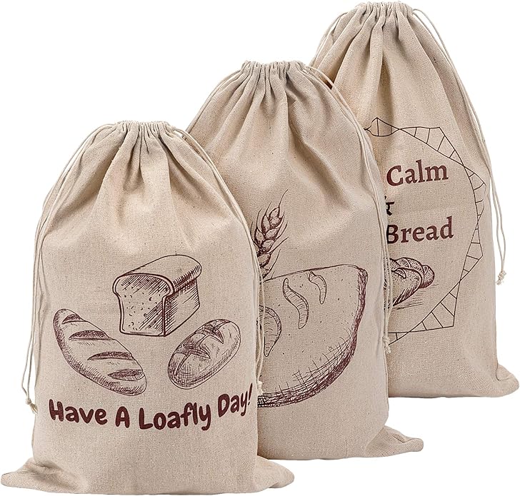 Linen Bread Bags for Loaf Storage, Bags for Homemade Breads, Pack of 3