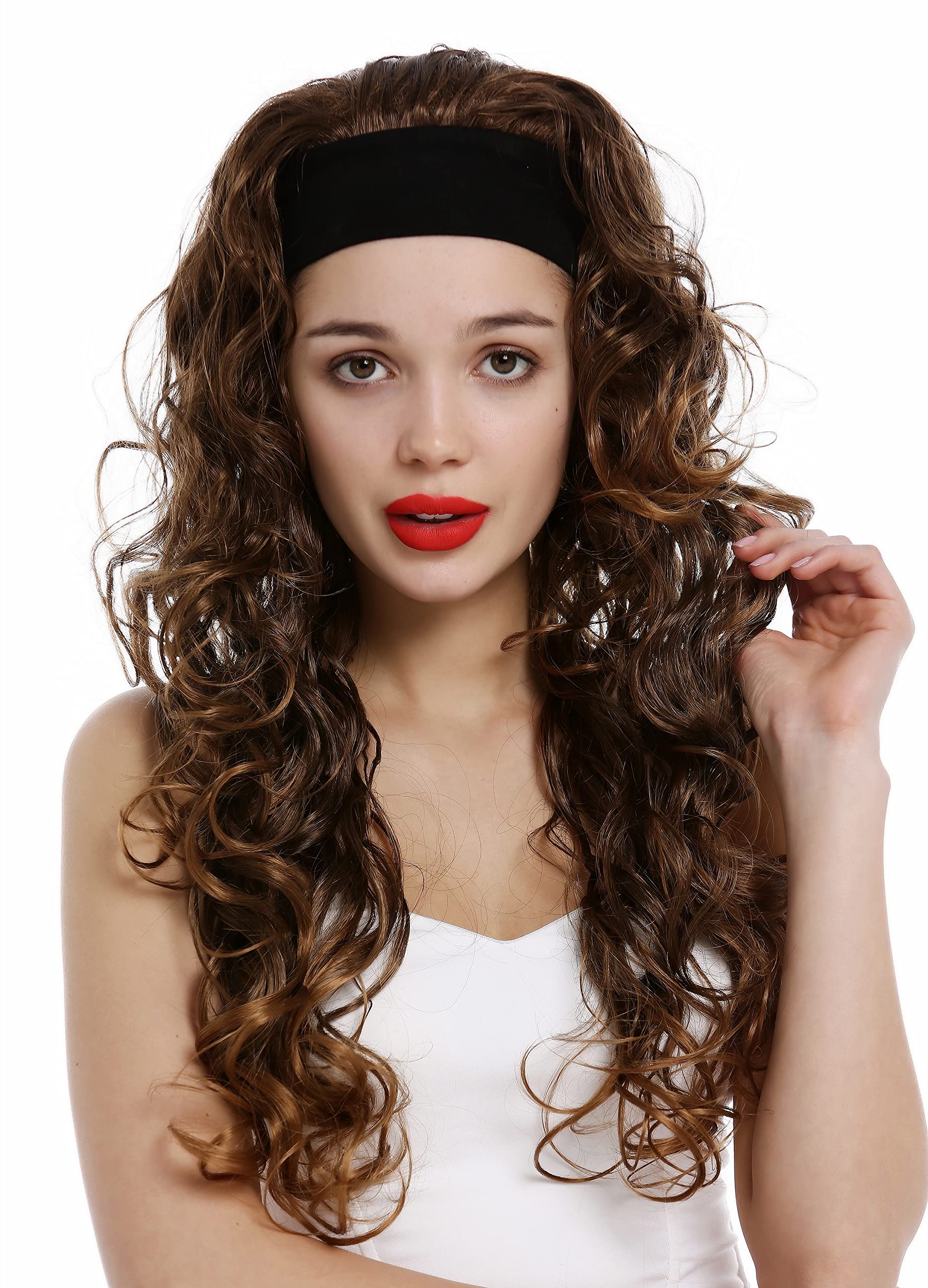 WIG ME UP - VK-27-6T27 Lady wig with headband long curled curly voluminous curls brown and blond highlights