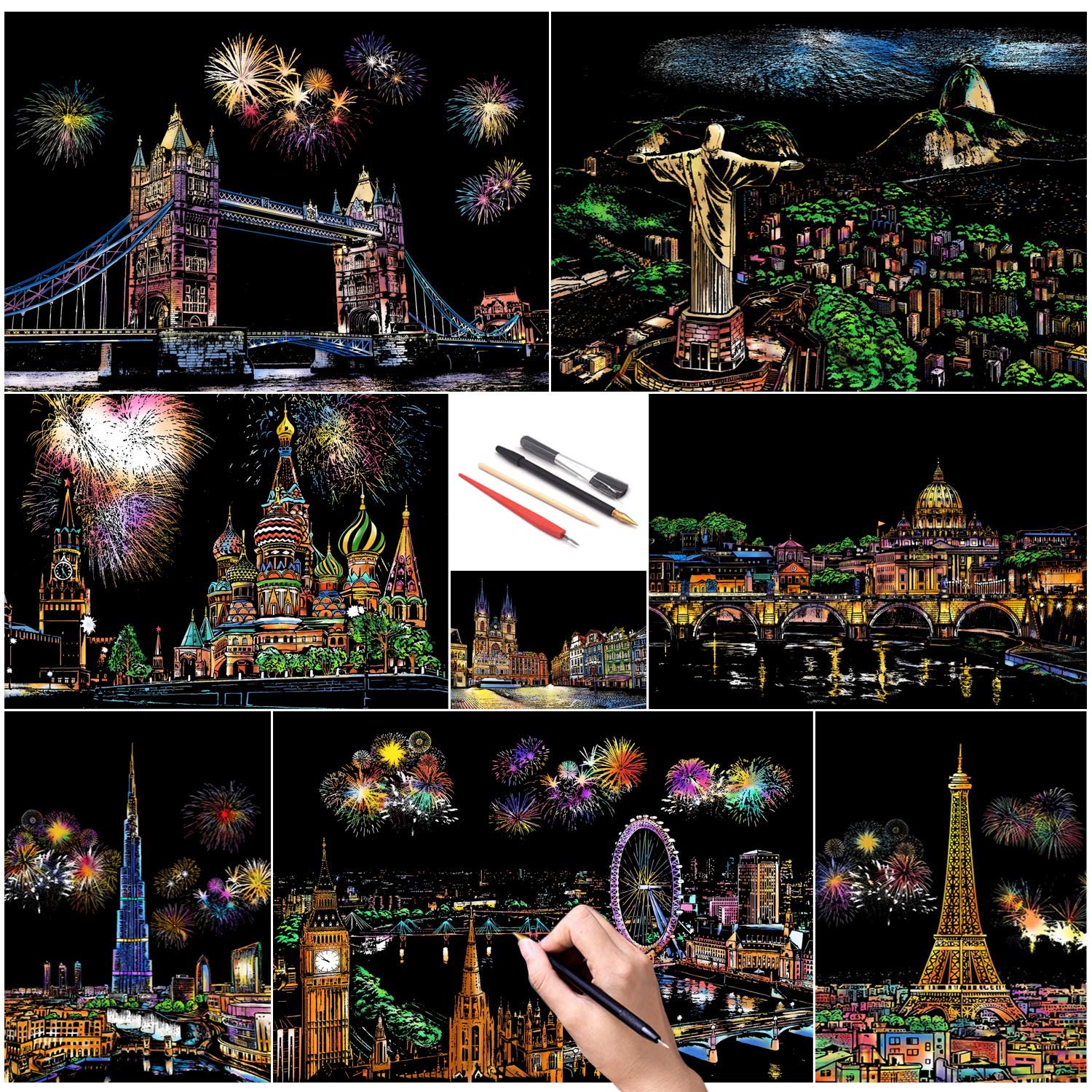 SiYear Scratch Paper Rainbow Painting Sketch, City Series Night Scene,Scratch Painting Creative Gift,Scratchboard for Adult with 4 Tools — image 1