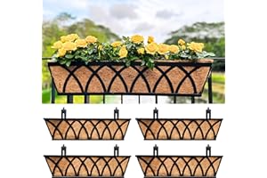 LÁLÁGREEN LaLaGreen Railing Planter Boxes (24 Inch, 4 Pack) Black Metal Rectangular Window Flower Box with Coco Liner, Wall Hanging Planters for Outdoor Plants Bracket Holder Deck Rail Fence Balcony Patio Porch