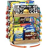 Singlispark Chip Rack Display Stand, 6 Tiers 50 Clips Snack Organizer, 360° Rotating Wood Base Candy Display Rack, Portable Retail Display Shelf for Countertop, Office, Store, Kitchen, Party