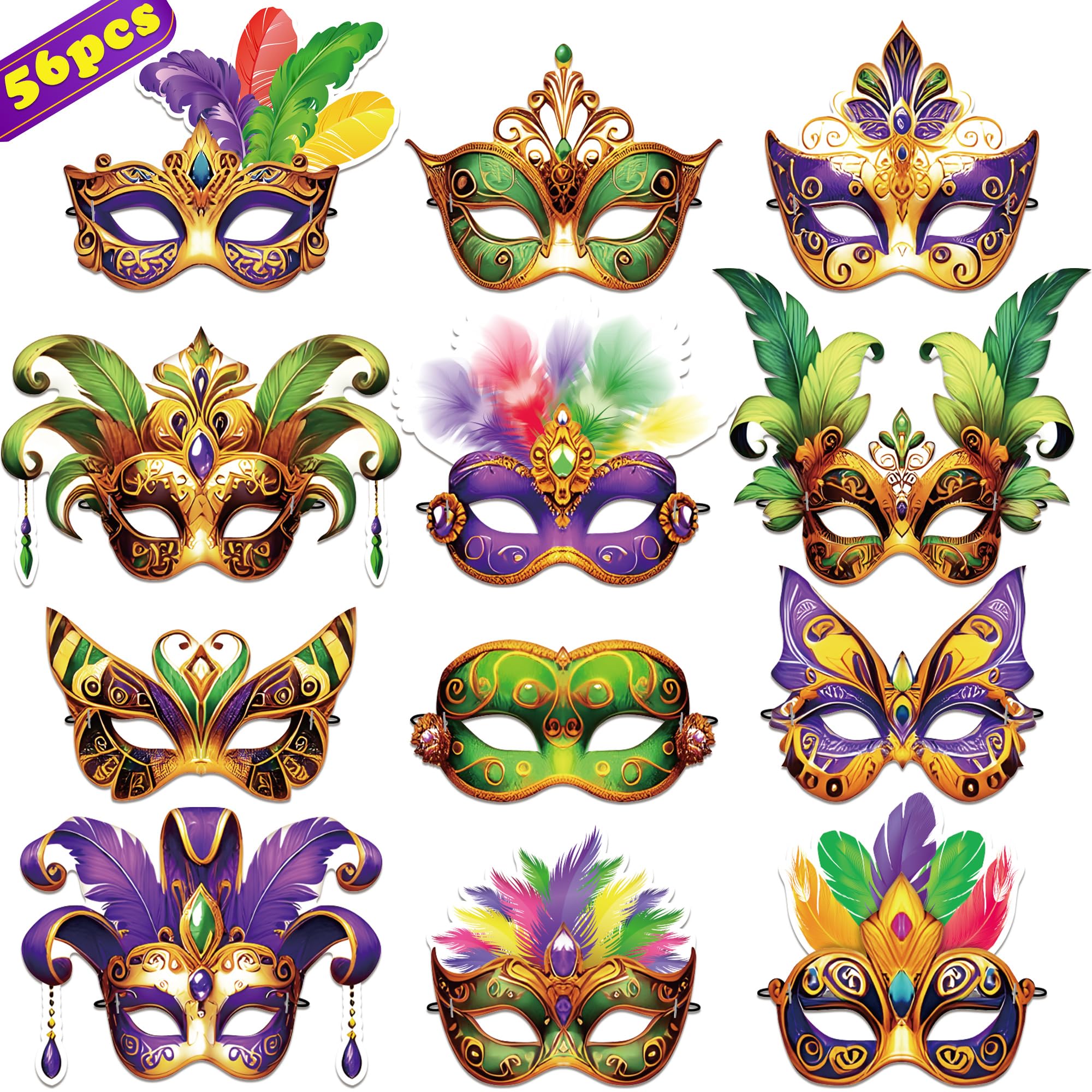 Photo 1 of 80UncleKimby 56PCS Mardi Gras Masks Bulk Set: Masquerade Party Decorations Carnival Favors(Paper)