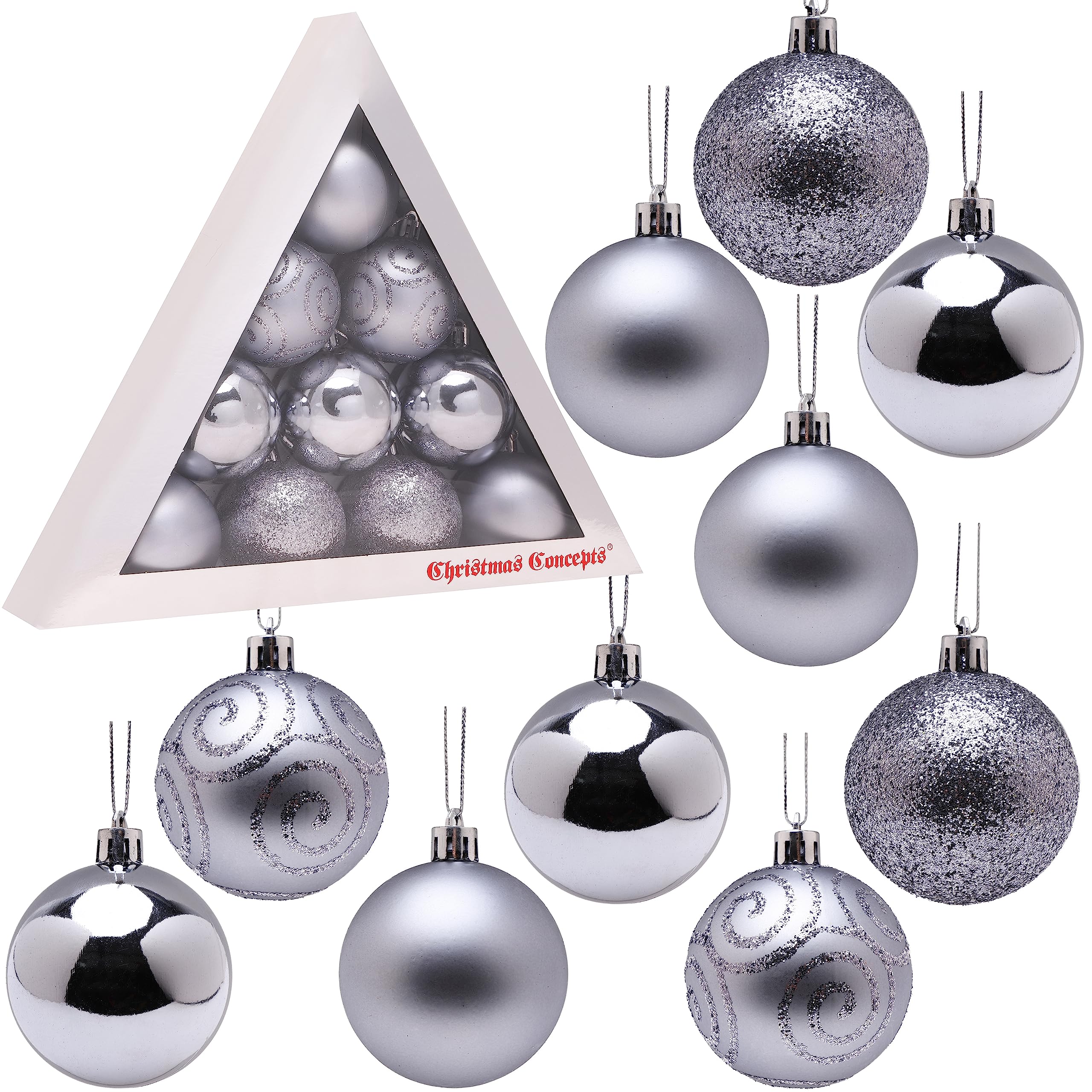 Christmas Concepts® Pack of 10-60mm (2.4") Christmas Tree Baubles - Shiny, Matte & Glitter Decorated Baubles (Graphite Grey)