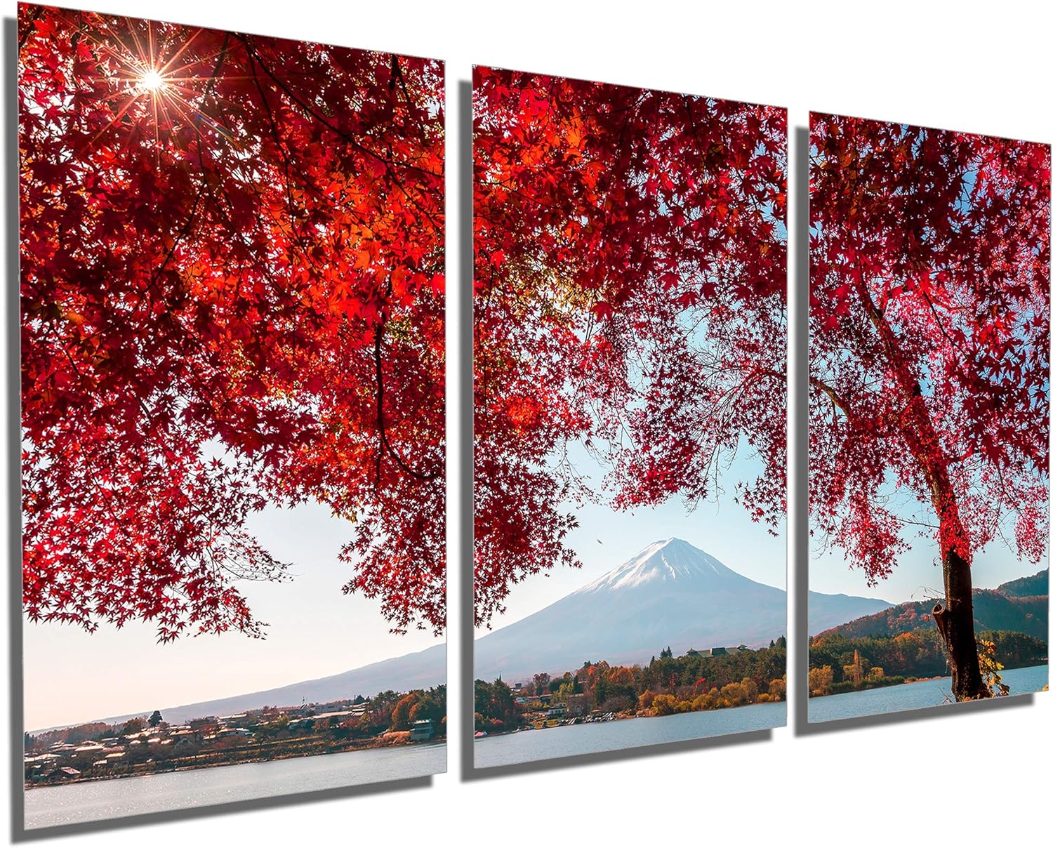 Amazon Com 36 X 18 Total Mount Fuji Japan Red Maple Tree Metal Print Wall Art 3 Panel Split Triptych Hd Aluminum Panels Posters Prints