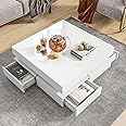 Merax Modern High Gloss Coffee Table with 4 Drawers, Multi-Storage Square Cocktail Tea Table with Wood Grain Legs, for Living Room, White
