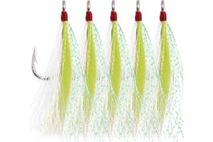 SILANON Bucktail Teaser Fishing Hooks,5pcs Saltwater Flounder Rig Stainless Steel Fishing Jig Hooks Bucktail Mylar Flash Teasers Inserted for Striper Catfish Cod Flounder Hi/Lo Rig
