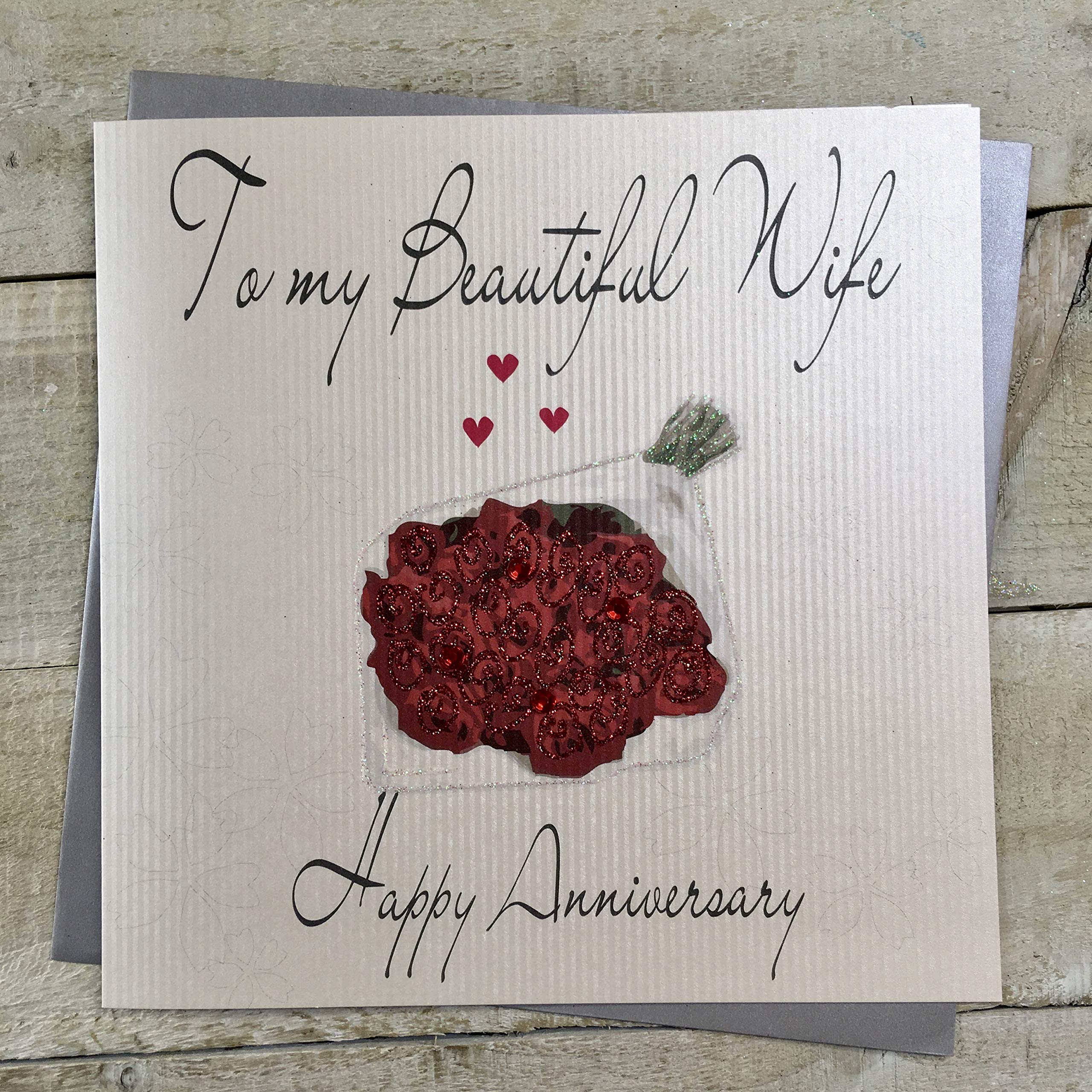 white cotton cards To My Beautiful Wife Happy Anniversary Handmade Large Anniversary Card Roses, Red, XLWB47