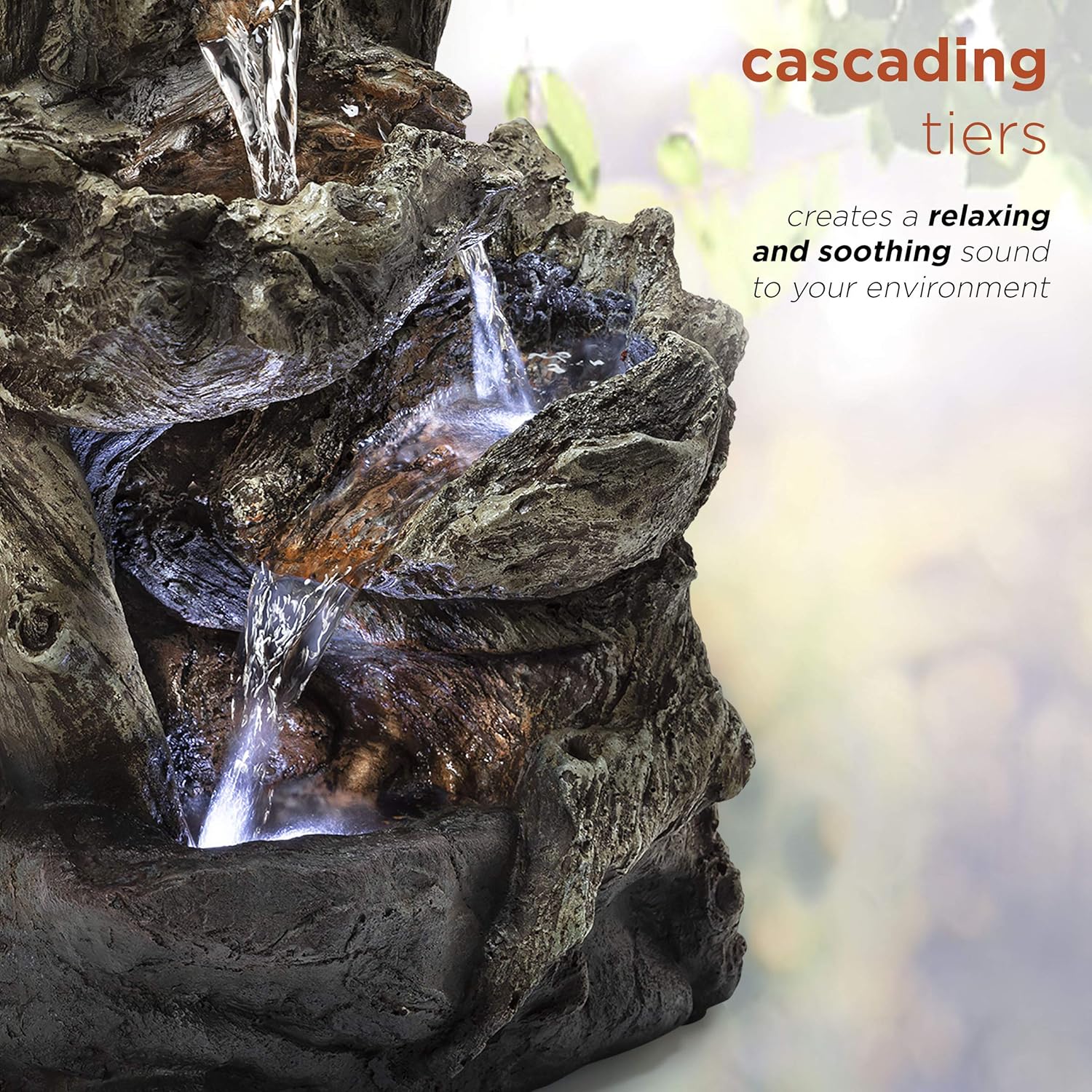 Alpine Corporation 14" Tall Indoor/Outdoor Tiered Log Tabletop Fountain with LED Lights : Indoor Fountains : Garden & Outdoor