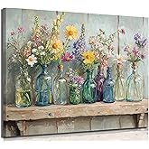 Farmhouse Mason Jar Flower Canvas Wall Art Wildflowers Glass Bottles Wall Decor Rustic Plants Flowers Poster Print Artwork for Bathroom Living Room Bedroom Study Room Home Decoration