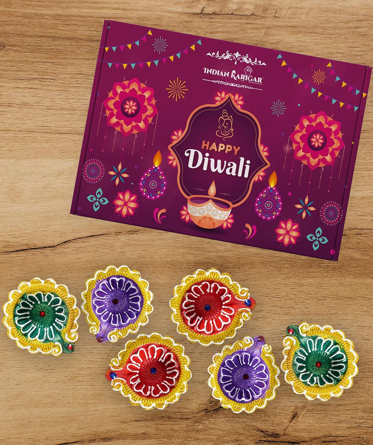 Oil Lamps & Accessories - Indian Karigar Decorative Diwali Diyas for Decoration Diwali Decoration Items Colourful Terracotta Diyas for Diwali Light Diwali Gifts for Family and Friends Set of 6 (Medium Classic - 1)