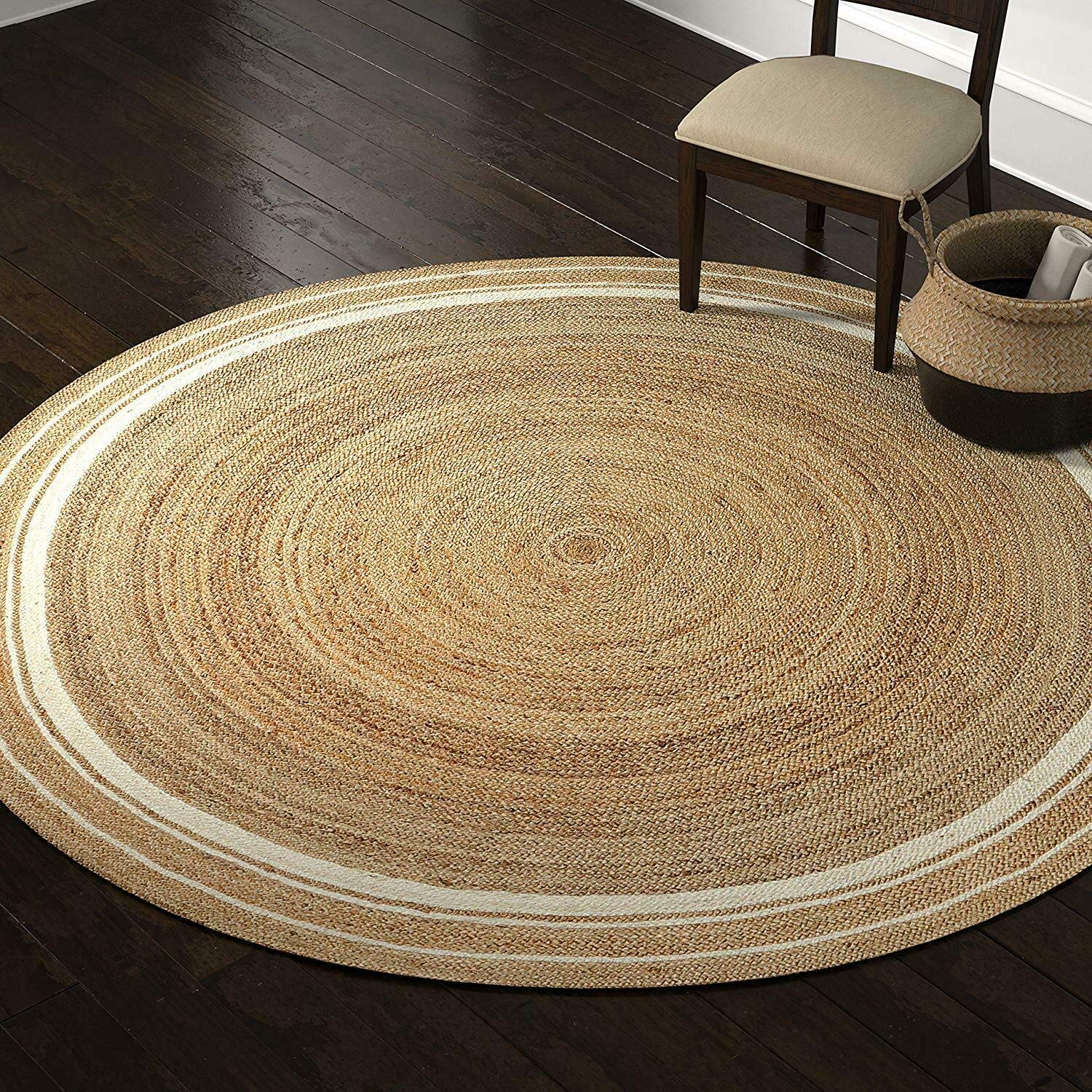 Avgari Creation RUG Jute Natural Hand Braided Rug Round Shape Handmade Natural Fiber Area Carpet Decorative Look Carpet (60 x 60 Cm (2x2 Feet), Beige + White Line) (NAT-001)