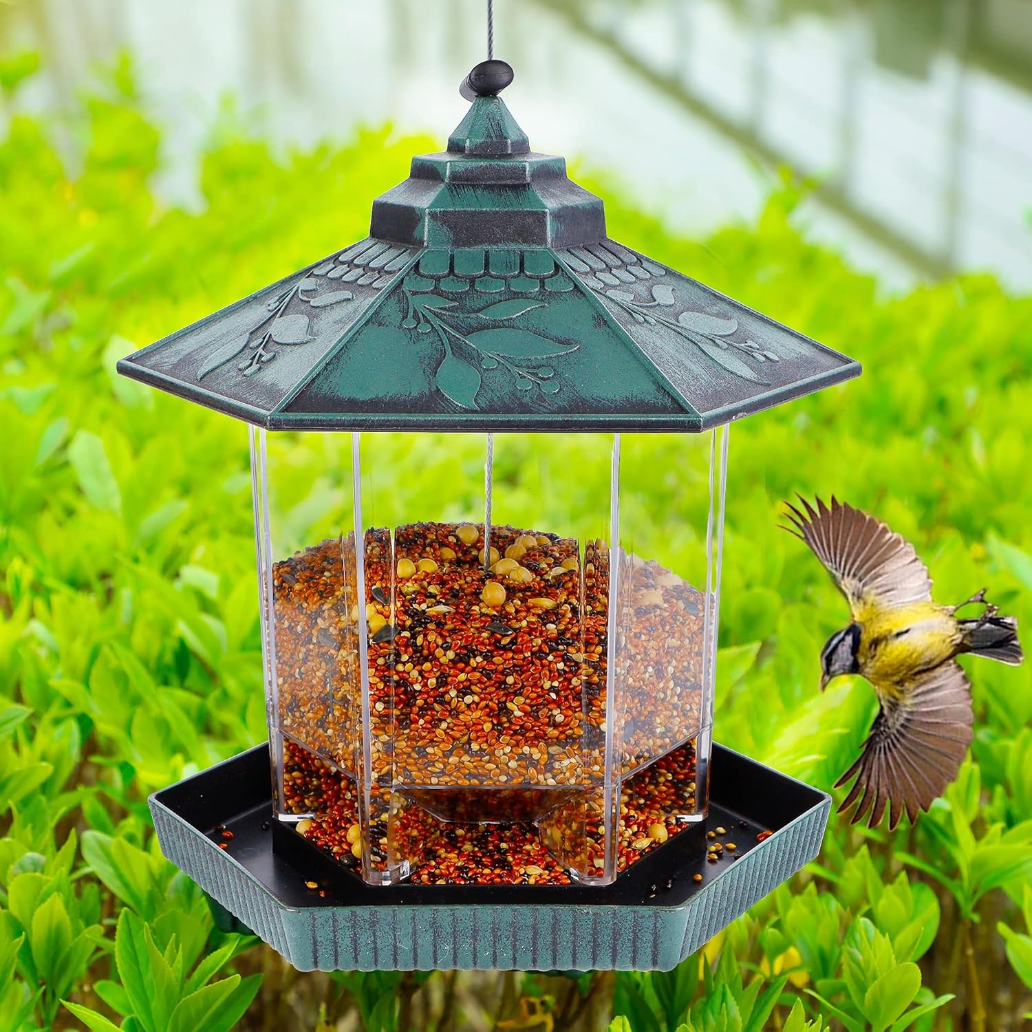 Twinkle Star Wild Bird Feeder, Outdoor Hanging for Garden Yard Decoration, Antique Finish Panorama Gazebo Birdfeeder, Hexagon Shaped with Roof, Green : Garden & Outdoor