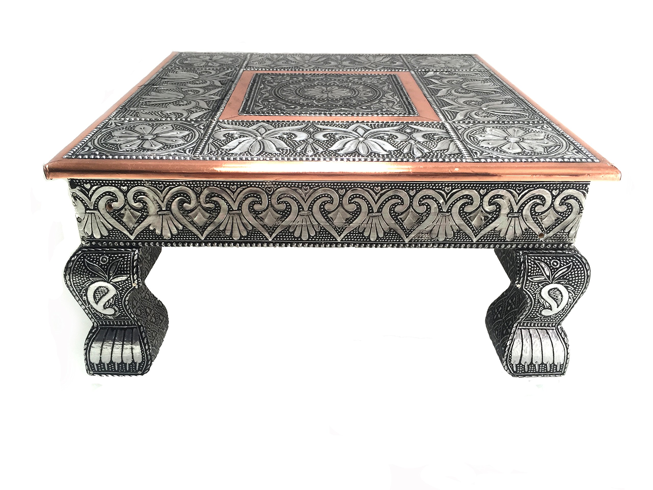 eRadius 12"x12" Oxidised Copper Low Table Bajot Bajath Hindu Pooja Table Indian Chowki
