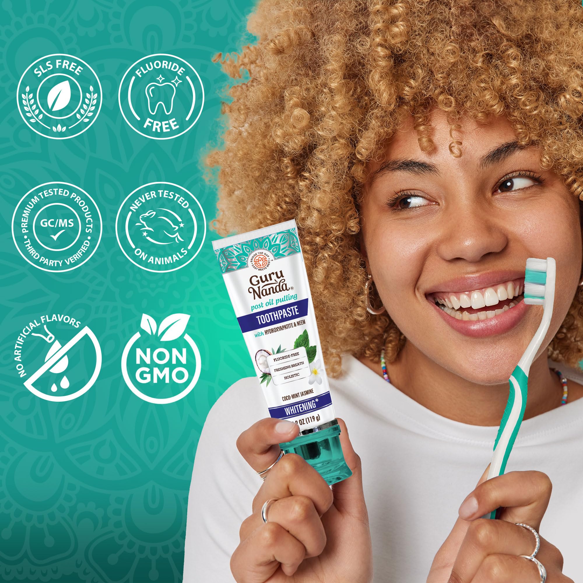GuruNanda Hydroxyapatite Toothpaste, SLS & Fluoride Free, Whitening Toothpaste - Freshens Breath, Fights Plaque - Natural CocoMint Jasmine Neem, 4.2oz