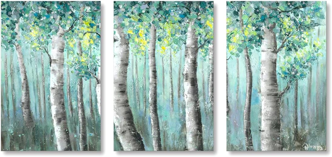 Paintings - Turquoise Leaves Canvas Wall Art Silver Birch Tree Artwork Spring Forest Landscape Painting