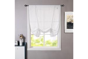DriftAway Solid Color Linen Sheer Voile Tie Up Decorative Slub Sheer Linen Curtains Adjustable Balloon Rod Pocket Window Curtains for Small Window 45 Inch by 63 Inch White
