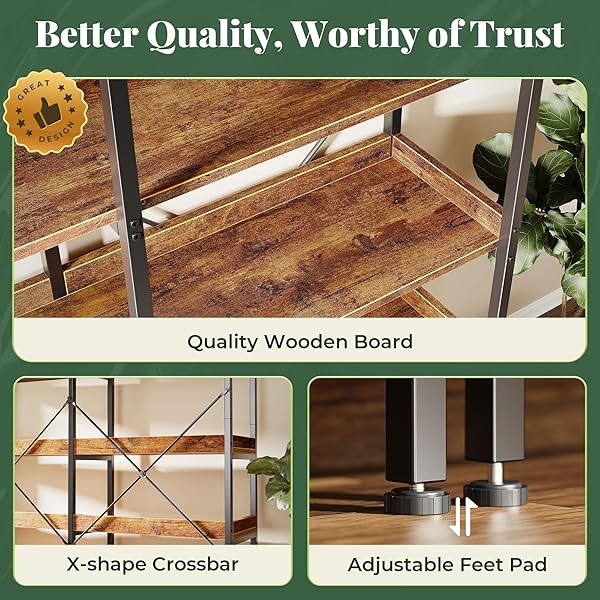 HUUGER 5 TIER BOOKSHELF, DISPLAY BOOKSHELF WITH 10 OPEN SHELVES AND RAISED BAFFLE, 47.2 INCH STRAIGHT WIDE BOOKCASE WITH METAL FRAME AND WOODEN BOARD, ADJUSTABLE FEET, RUSTIC BROWN