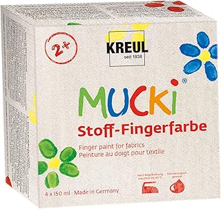 Kreul 28400 - Mucki leuchtkräftige Stoff - Fingerfarbe, 4 x 150 ml, gelb, rot, blau, grün, Wasserbasis, paraben-, gluten-, laktosefrei und vegan, optimal für die Anwendung mit Fingern und Händen