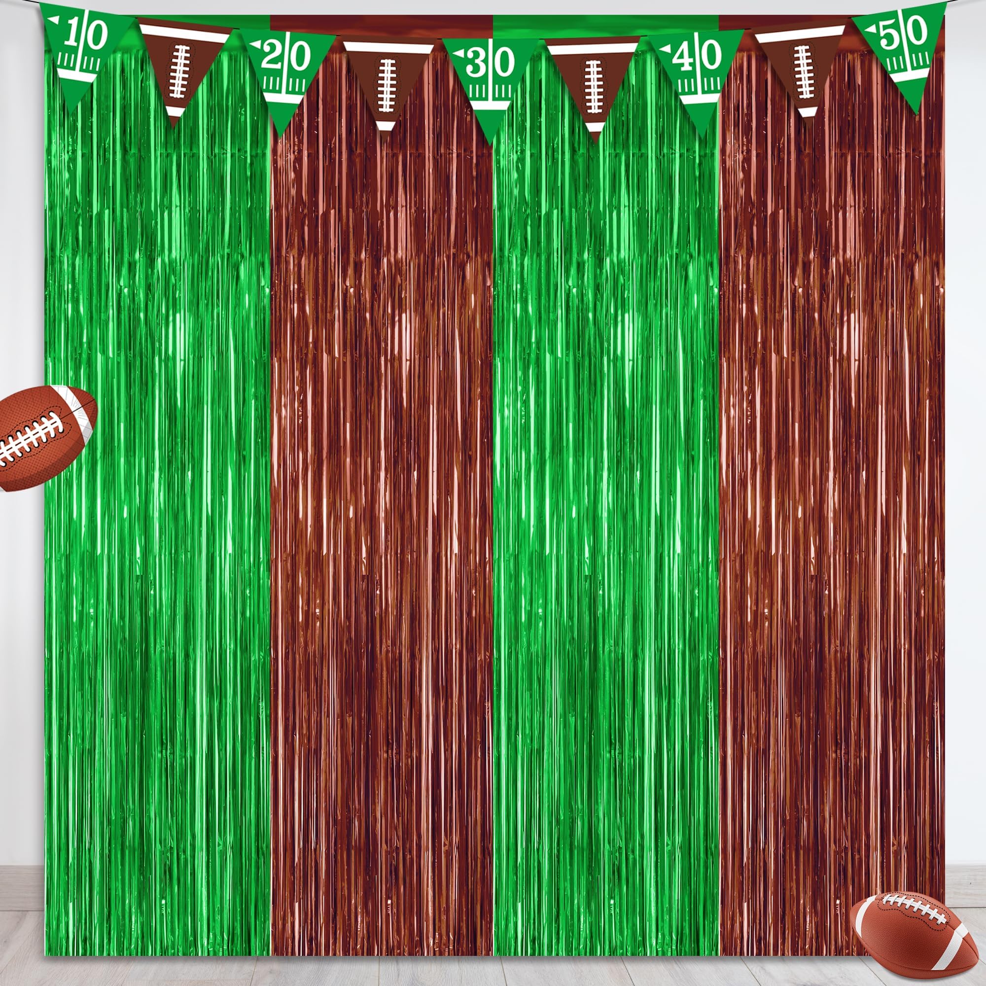 Photo 1 of 2 Pack Football Party Decorations, 3.28 FT x 7.05 FT Tinsel Backdrop, Brown Green Foil Fringe Curtains Metallic Party Streamer, Football Party Supplies Game Day Decorations 2025