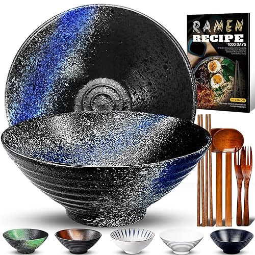 8-Inch Ceramic Ramen Bowl Set of 2 (9 Piece) - Porcelain Japanese Salad Noodles Cereal Fruit Pasta Soup Large Bowls with Recipes Chopsticks Forks Spoons for Men Women Gift Microwave & Dishwasher Safe