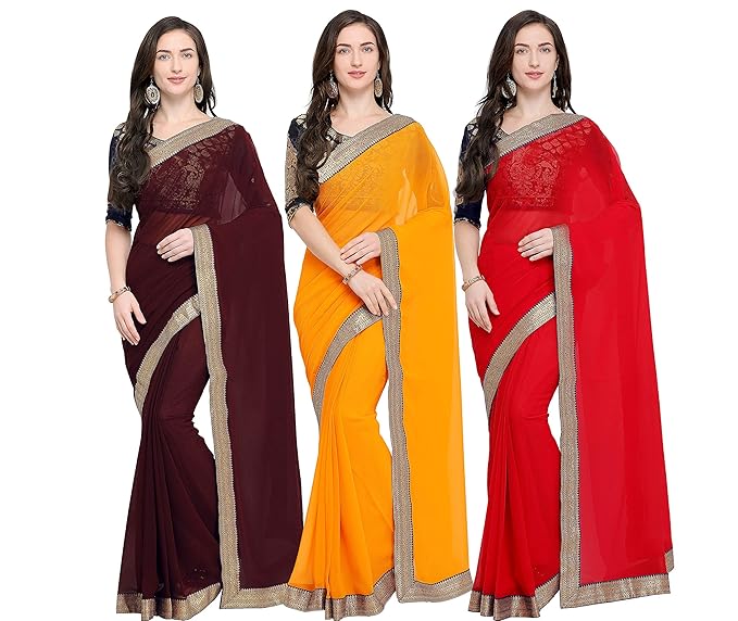 Set of 3 Traditional Chiffon Sarees with Blouse Piece
