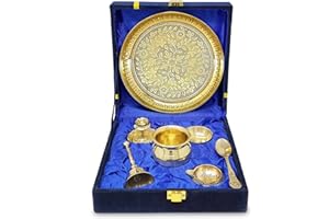 NOBILITY Brass Pooja Thali Set with Blue Gift Box 6 Inch Pital Plate Kalash Spoon Chandan Wati Dhup Dan Kuber Diya Ghanti Puja Arti Thali for Diwali Home Office Mandir Wedding Return Gifts