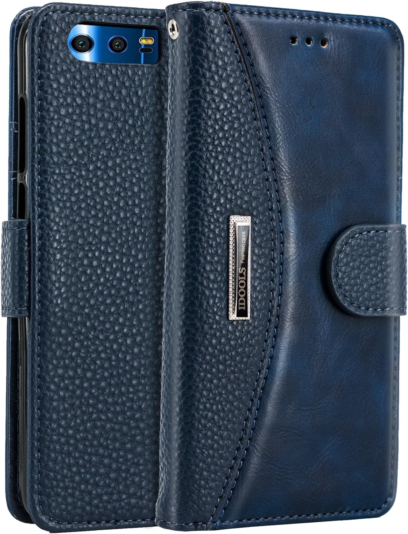 IDOOLS Mobile Phone Holster for Honor 9, Folding Flip Cases Protective Cover Strong Magnetic Closure Protector with Card Slots Kickstand (Blue, 5.15”)