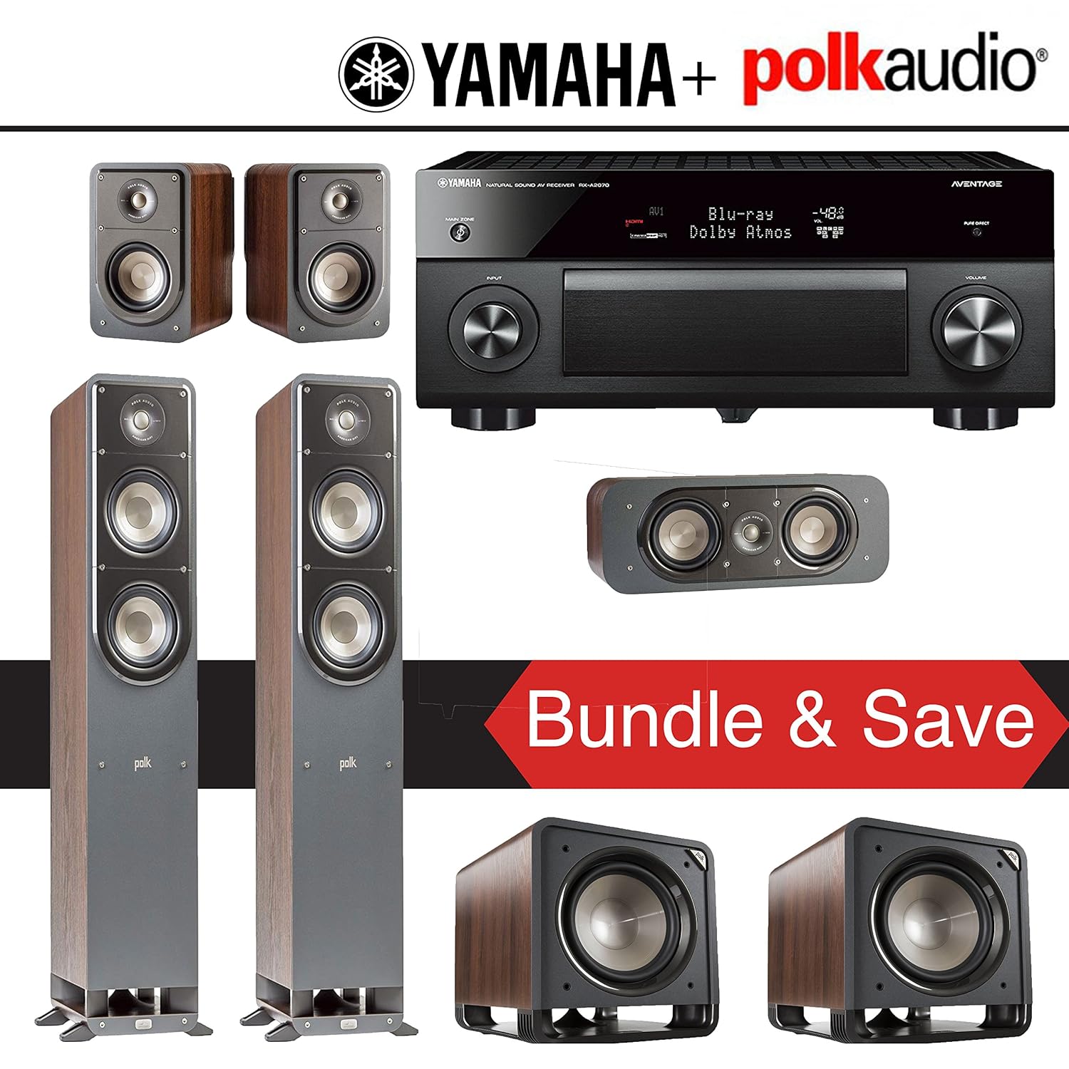 Yamaha AVENTAGE RX-A2070BL 9.2-Ch 4K Network AV Receiver + Polk Audio S50 + Polk Audio S15 + Polk Audio S30 + Polk Audio HTS12 - 5.2-Ch Home Theater Package (Brown Walnut)