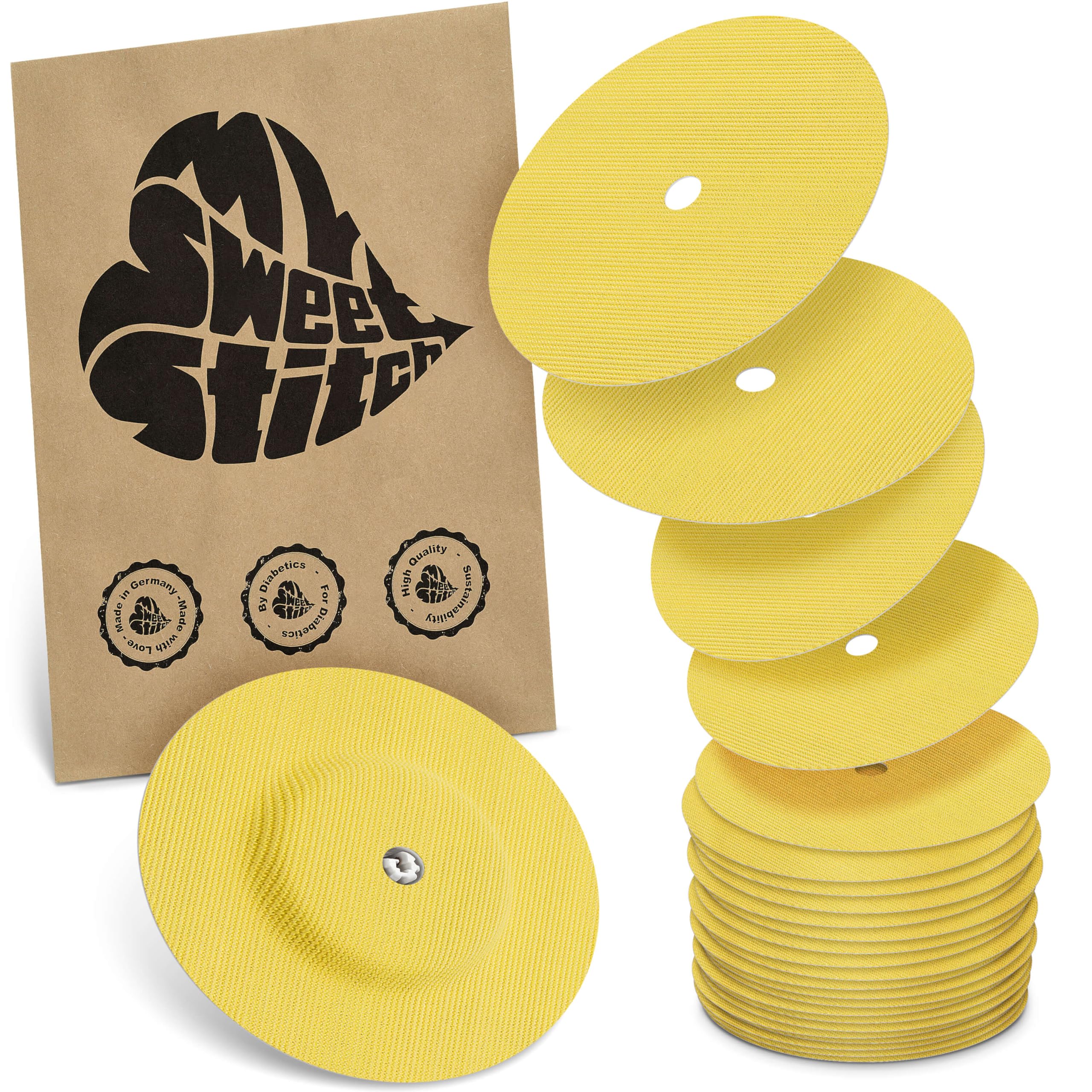 MySweetStitch - 25 x Freestyle Libre 1 & 2 Round Patches with Ventilation Hole, Overpatch Ø 65mm, Waterproof, Breathable, Made in Germany, Yellow — image 1