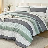 Litanika California King Comforter Set Sage Green - 3 Pieces Cal King Oversized Lightweight Summer Green White Colorblock Stripe Bedding Set (104x96In, 2 Pillowcases)