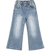 KIDSCOOL SPACE Girls Wide Leg Jeans, Ribbed Elastic Waist Pull on Denim Pants