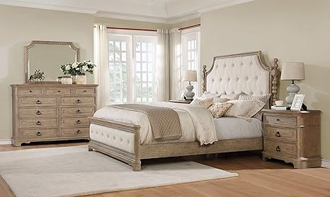 Roundhill Furniture Piraeus 296 Solid Wood Construction Bedroom Set With King Size Bed Dresser Mirror And 2 Night Stands