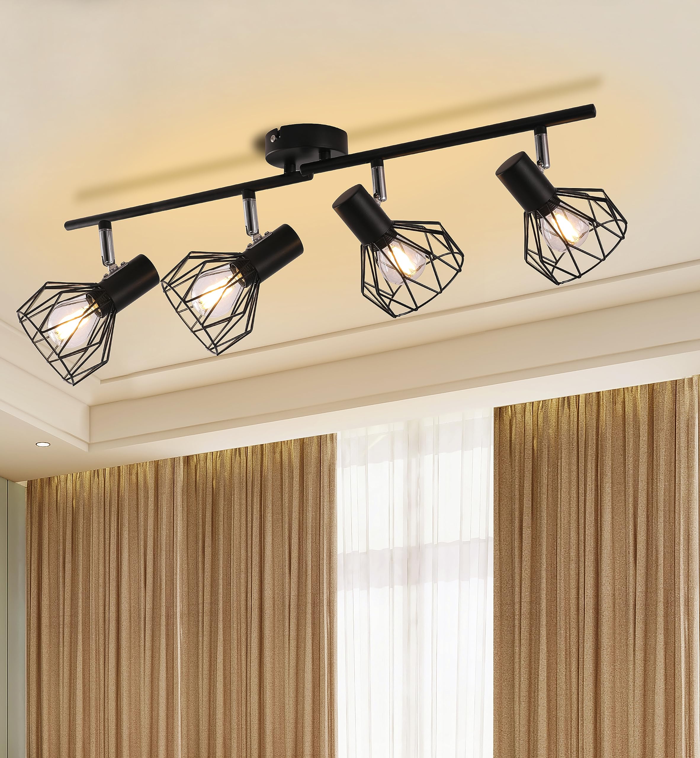 4 Way Ceiling Light Fitting Spot Light Rotatable Retro Spotlight Fixture Industrial Ceiling Lights E14 Base Adjustable with Black Metal Cage Flush Mount for Bedroom Living Room Hallway (No Bulbs)