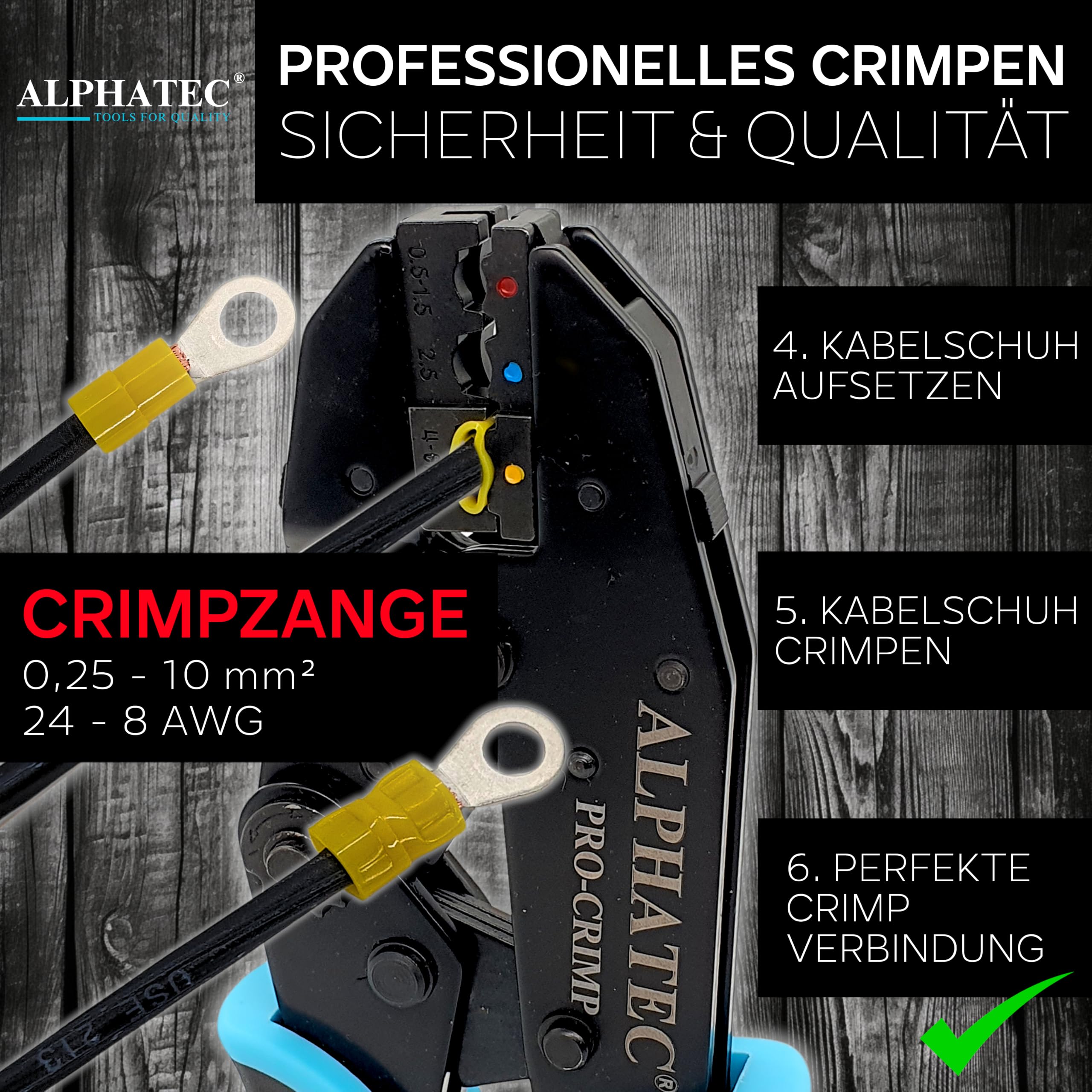 ALPHATEC® Crimpzange Set mit Wechselbacken inkl. automatische Abisolierzange - [0,25-10mm²] - Crimpzange Kabelschuhe, Aderendhülsenzange, Flachstecker, MC4 Zange PV Solar - Krimpzangenset 8-teilig 6