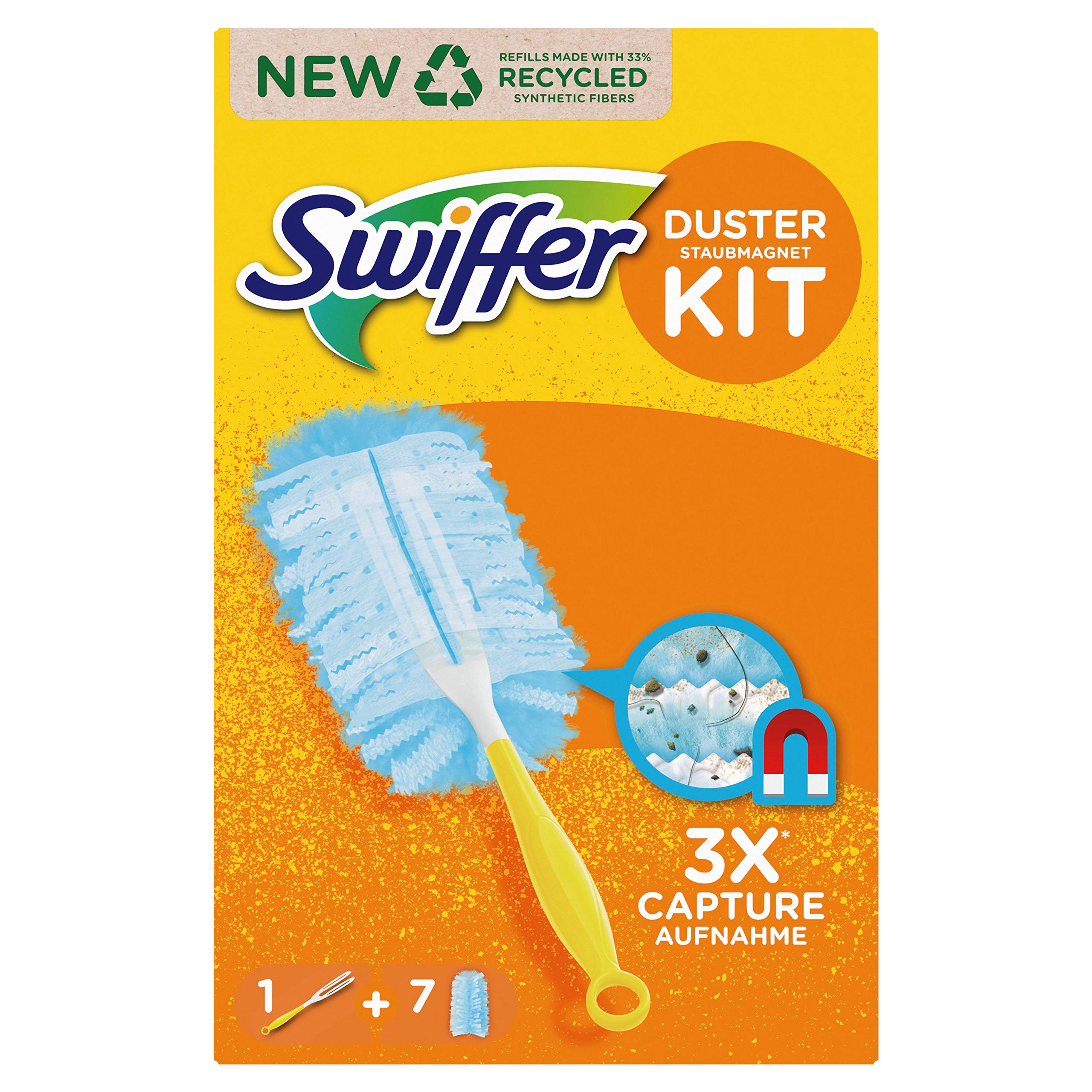 Swiffer Dust Magnet kit with 1 Handle and 7 Refill Cloths, absorbs dust and Closes it