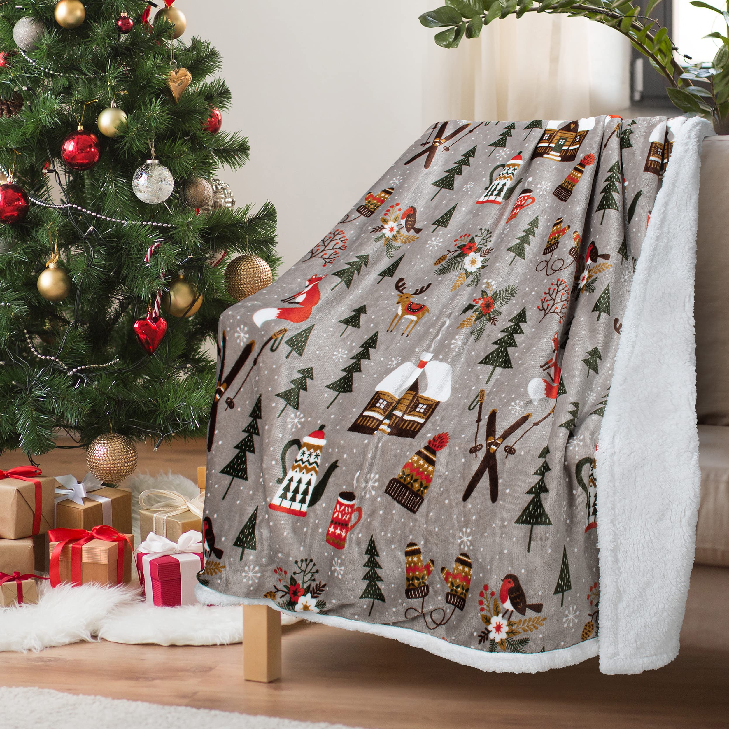 Catalonia Classy Christmas Throw Sherpa Blanket, Warm Soft Fluffy Sherpa Throw TV Blanket for Sofa, Extra Thick Warm Sofa Blanket, 150x130cm, Holiday/Grey Pattern — image 1