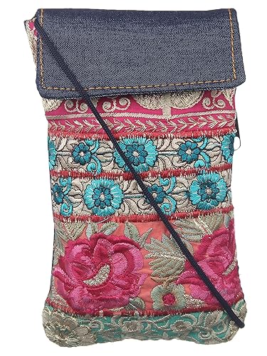 Ethniche Designs Handmade Ethnic Zari Denim Mobile Bag With String For Womens (Multicolor)