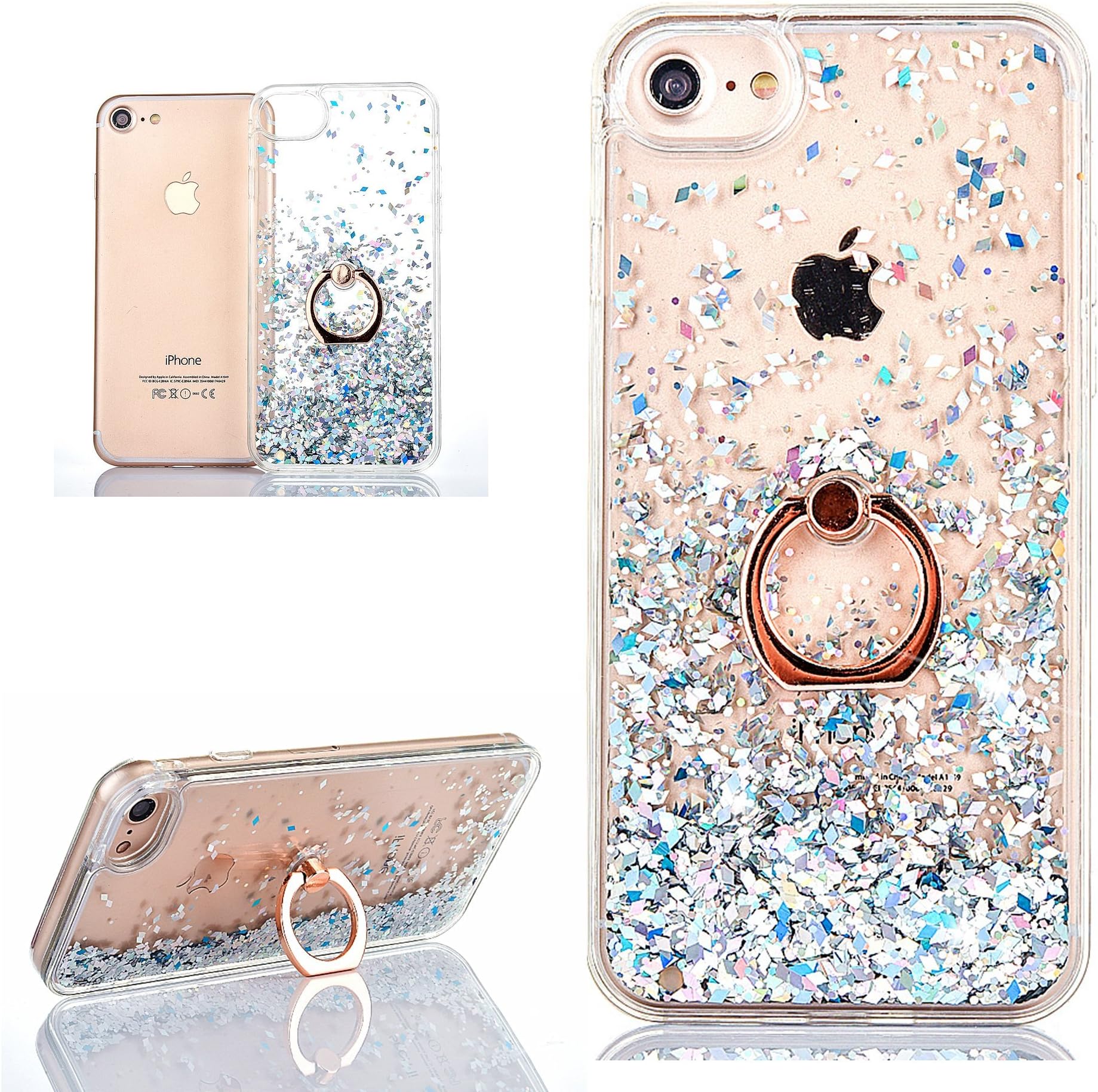 Hancda Case for iPhone 8 Plus/iPhone 7 Plus (Not for 8/7), Glitter Liquid Cover Case Hard Plastic Back Transparent Silicone Soft TPU Bumper Bling Glitter Sparkle with Ring Holder Stand-Silver