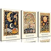 3Pcs Boho Celestial Canvas Wall Art Tarot Abstract Moon and Sun Tree of Life Paintings Pictures Wall Decor Poster Print Artwork for Bedroom Living Room Dorm Home Decoration
