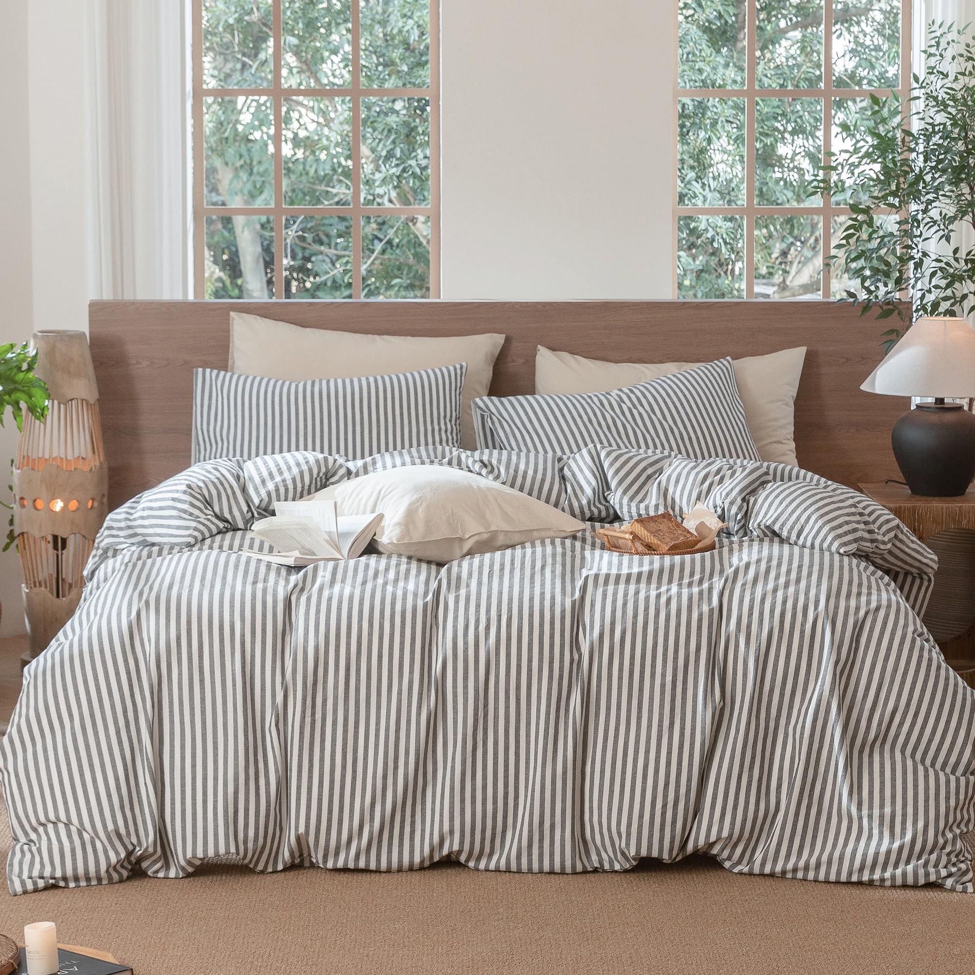 Photo 1 of MooMee Striped Duvet Cover Set 100% Washed Cotton Linen Like Textured Breathable Durable Soft Comfy (Dark Grey White Classic Stripes, Palatial King/Oversized King 120"x98")