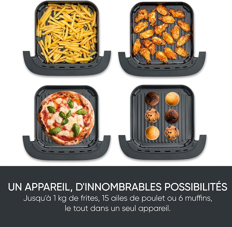 Friteuse à air chaud, Air fryer avec programme spécial pizza, Friteuse sans huile avec panier de 4 L, Multicuiseur avec fenêtre, Noir, FR 2464