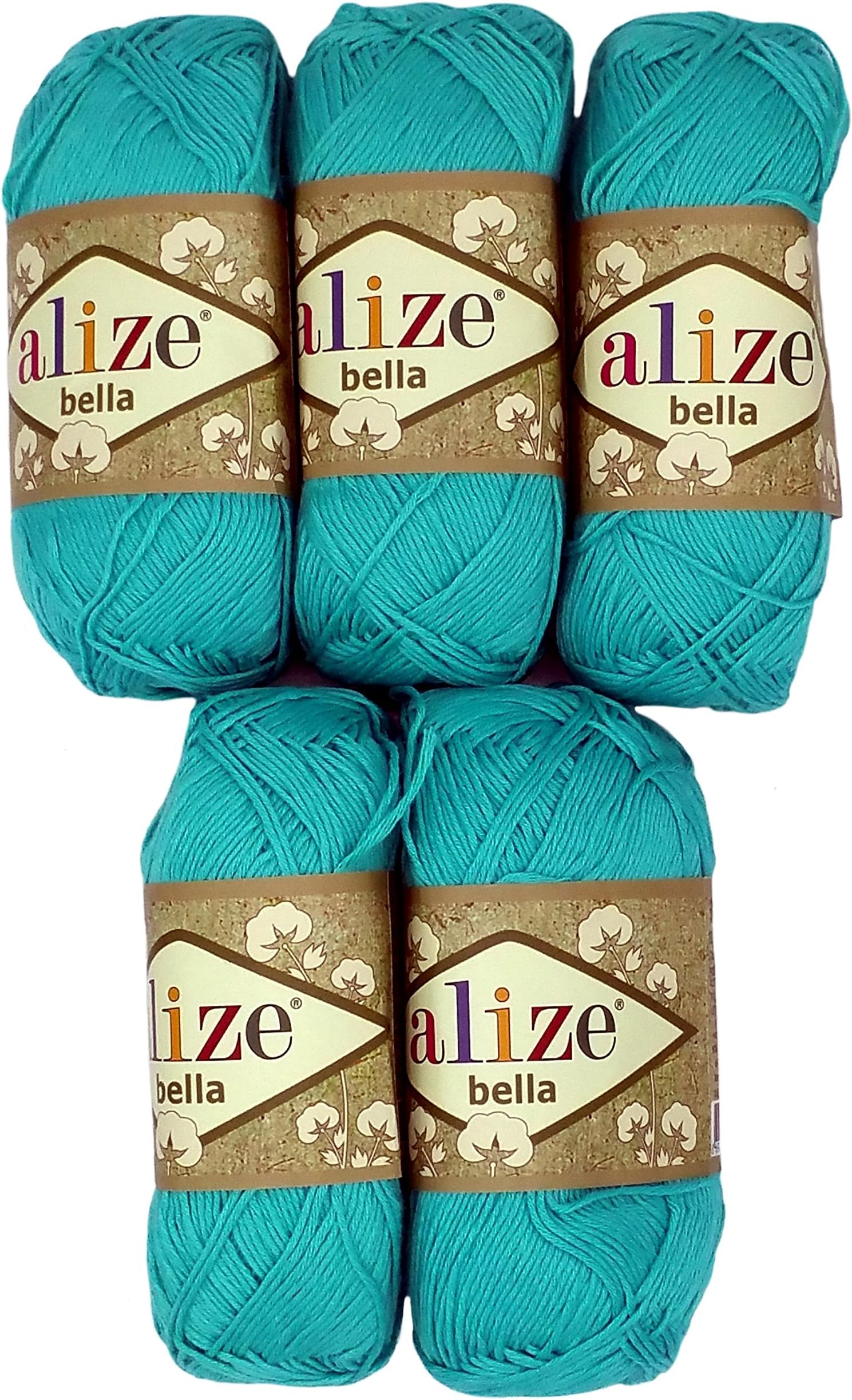 Alize Bella 5 x 50 grams single-colour cotton wool, 250 total grams (8,81oz) of 100% cotton knitting yarn 980 yds (900 meters) (turquoises 477)