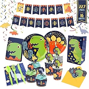 Dinosaur Party Supplies 227 Pcs – Dinosaur Birthday Party Supplies including Napkins | Utensils | Plates | Invitations | Cake Wrappers & Toppers | Cups | Table Cloth | Birthday Banner | Serves 16