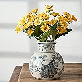 SIDUCAL Blue and White Vintage Vase | 6 Inch Ceramic Chinoiserie Floral | Retro Ice Cracked Blue and White Porcelain Vase for